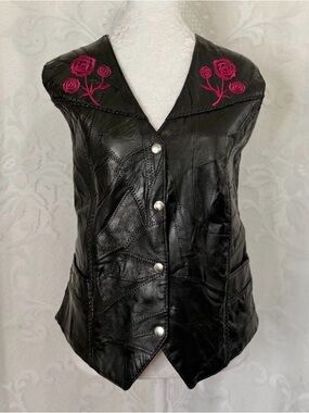 Diamond Plate Buffalo Leather Vest with Pink Rose Embroidery